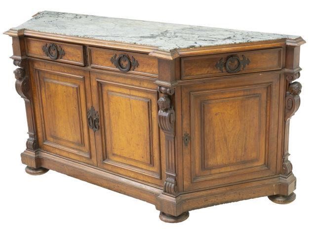 FRENCH MARBLE-TOP WALNUT SIDEBOARDFrench