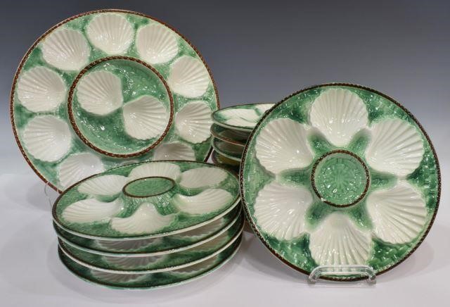 (13) FRENCH MAJOLICA OYSTER SHELL PLATES,