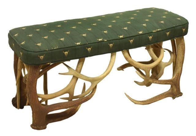 RUSTIC UPHOLSTERED BENCH DEER ANTLER 3c05fe