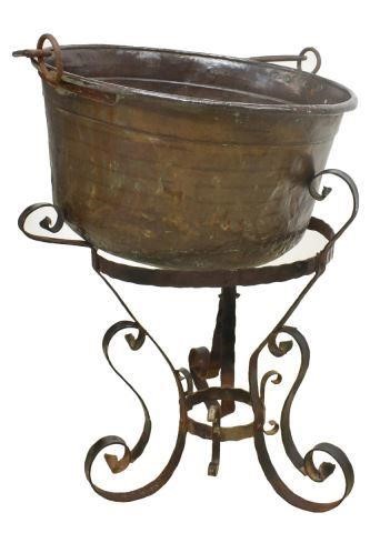 LARGE COPPER CAULDRON PLANTER ON IRON