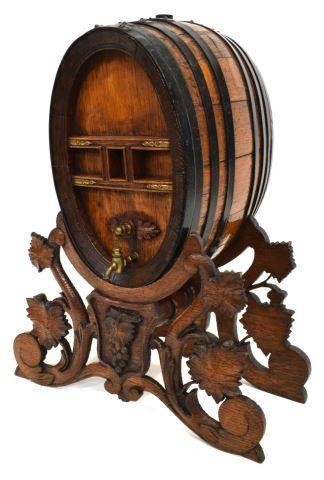 DIMNUTIVE OAK WINE BARREL ON CARVED