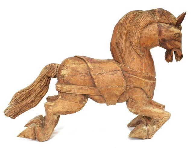 RUSTIC CARVED WOOD JUMPING HORSE,