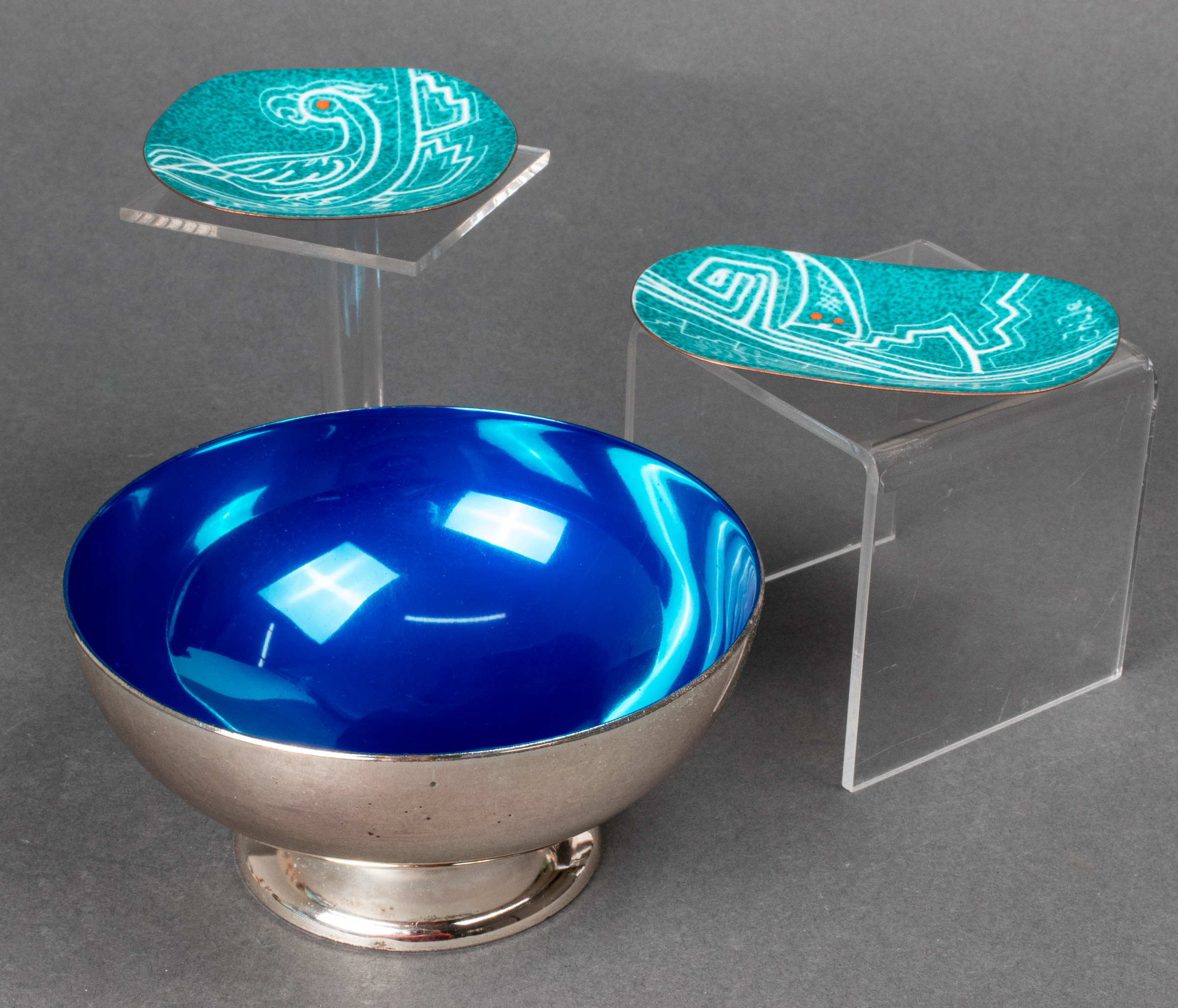 BLUE ENAMELED METAL BOWL & SMALL