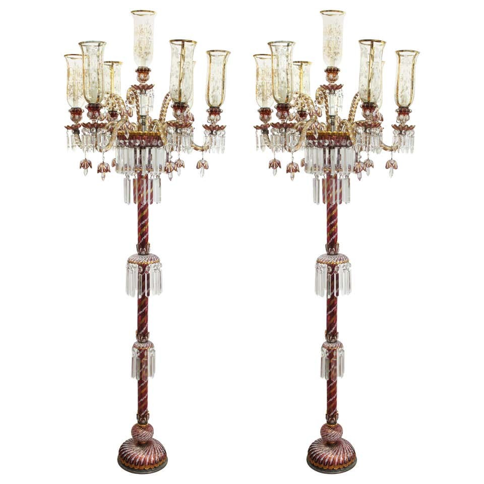 BACCARAT STYLE RUBY & GILT CRYSTAL TORCHIERES,