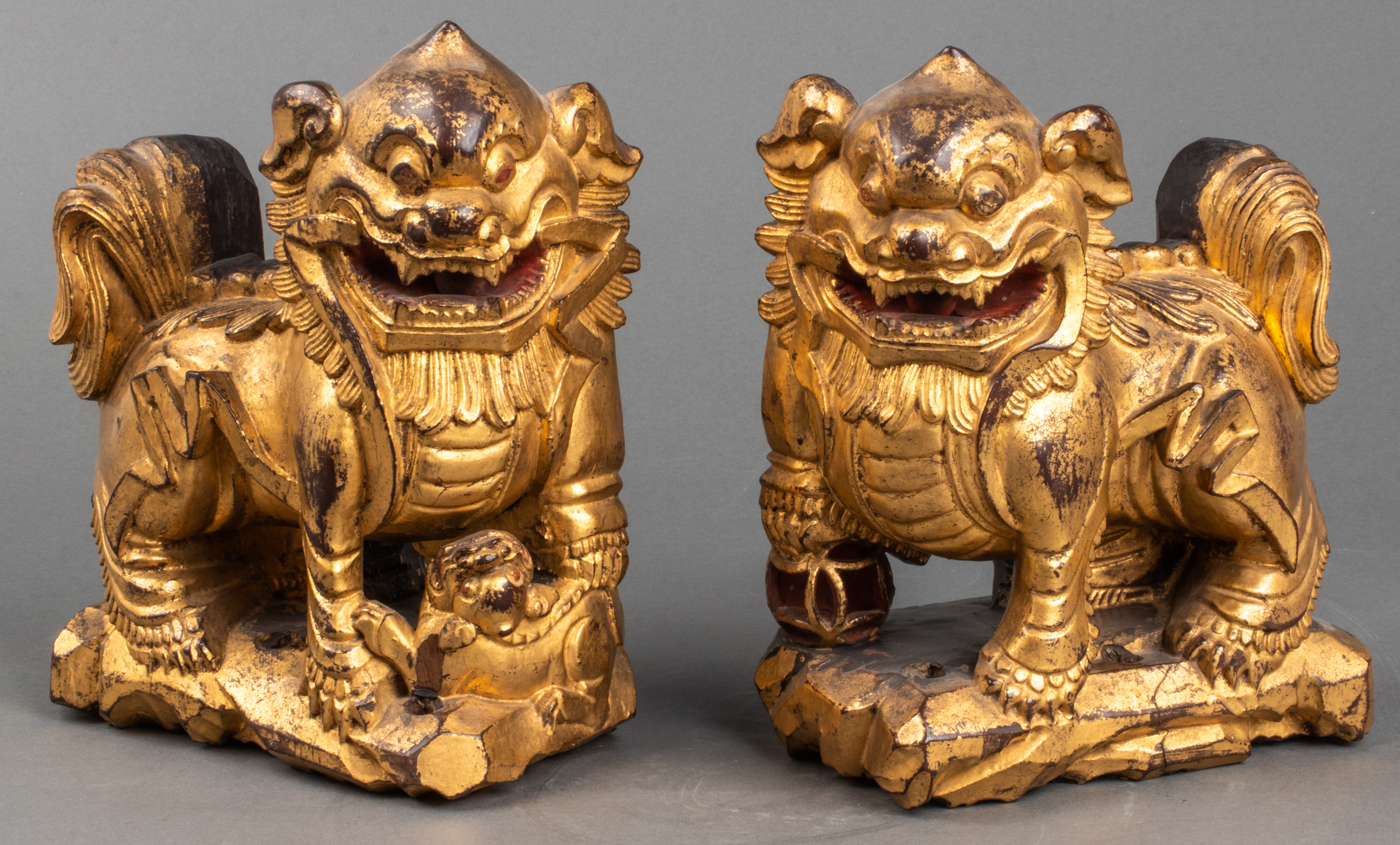 CHINESE CARVED GILTWOOD FOO DOGS,