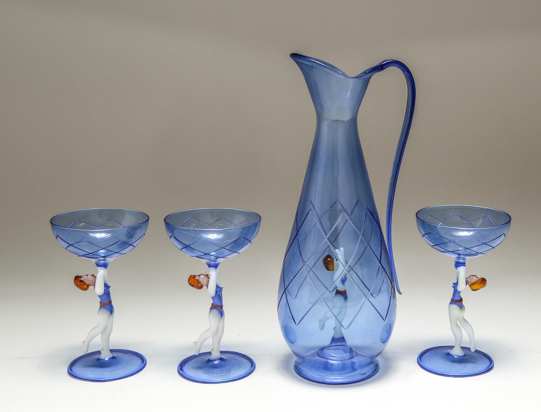 BIMINI GLASS DECANTER & 3 CORDIAL GLASSES,