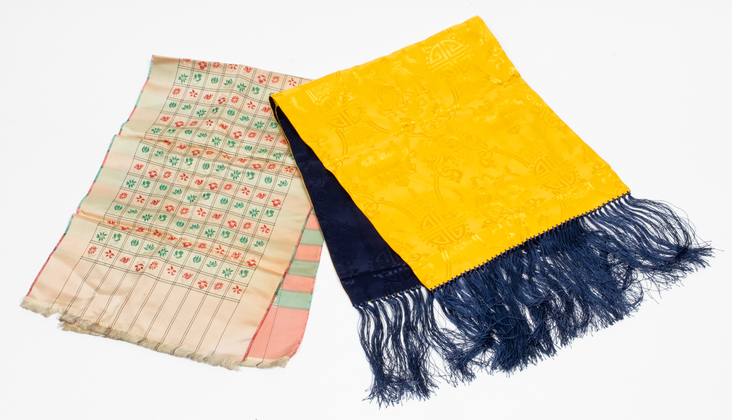 SILK SCARVES, 2 PCS. Gold and blue