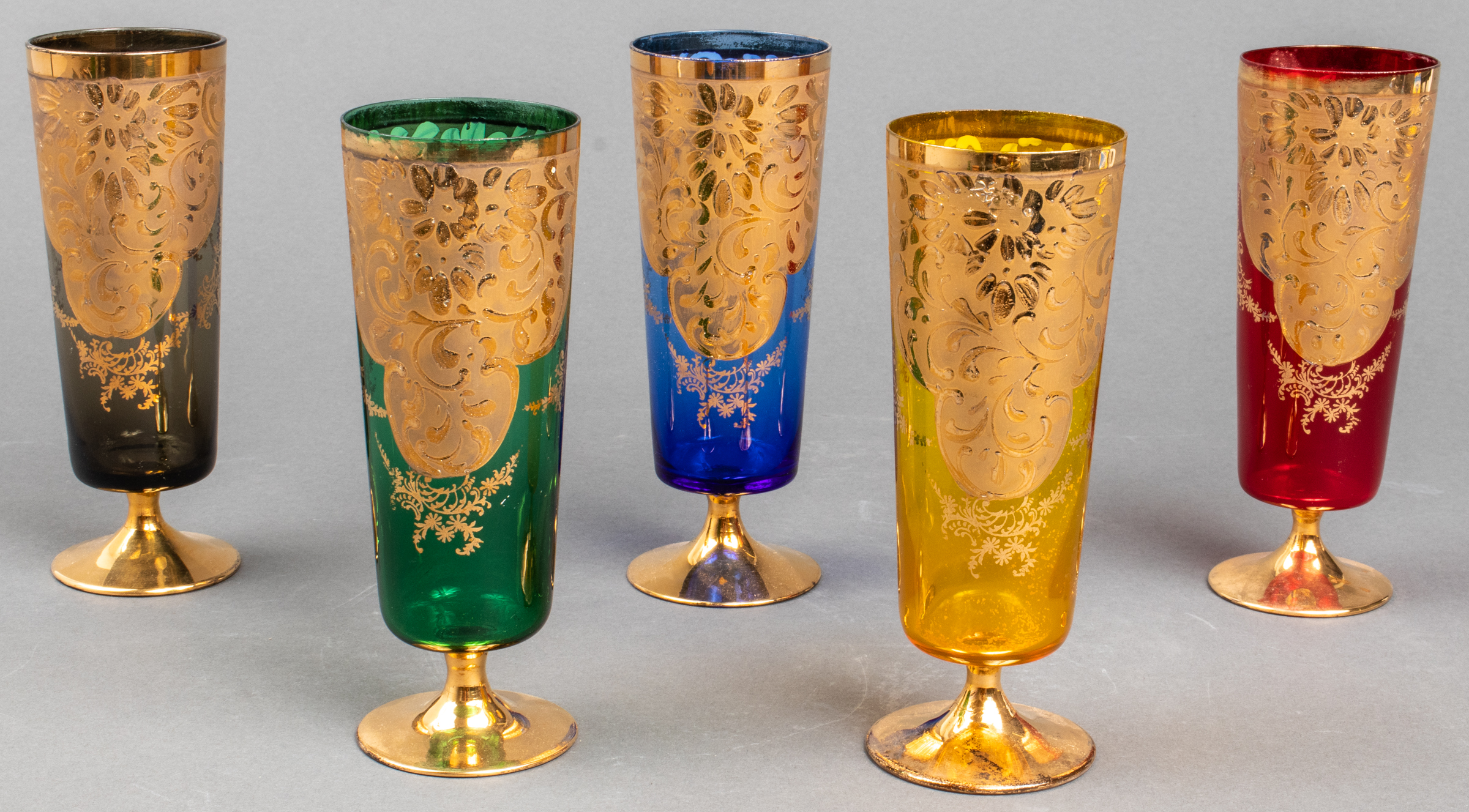 COLORED GLASS CHAMPAGNE FLUTES,