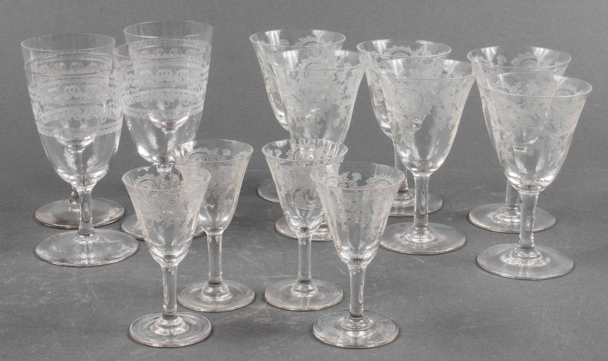 ETCHED CRYSTAL CORDIAL STEMWARE,