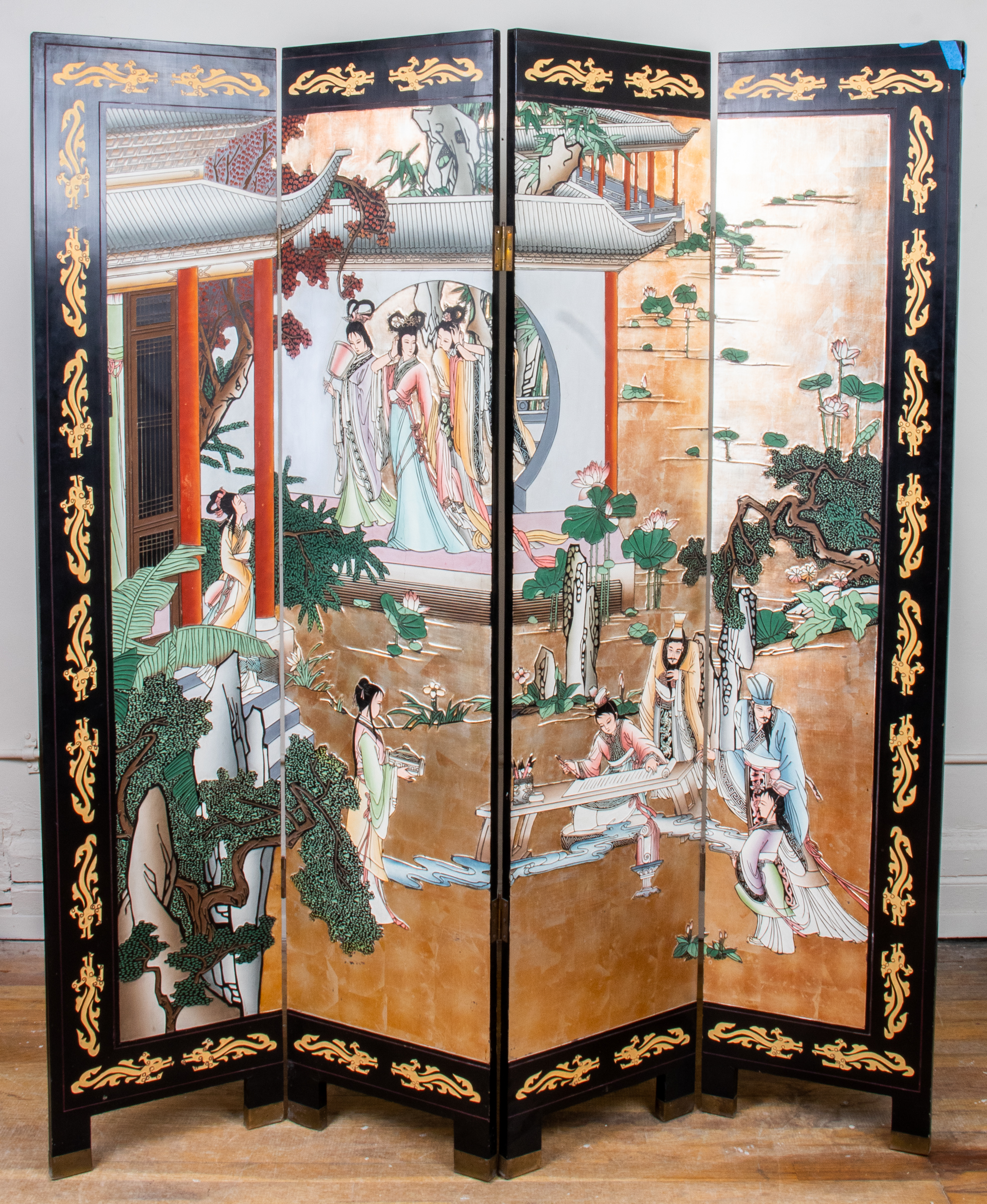 ASIAN POLYCHROME LACQUER FOUR PANEL 3c36f1