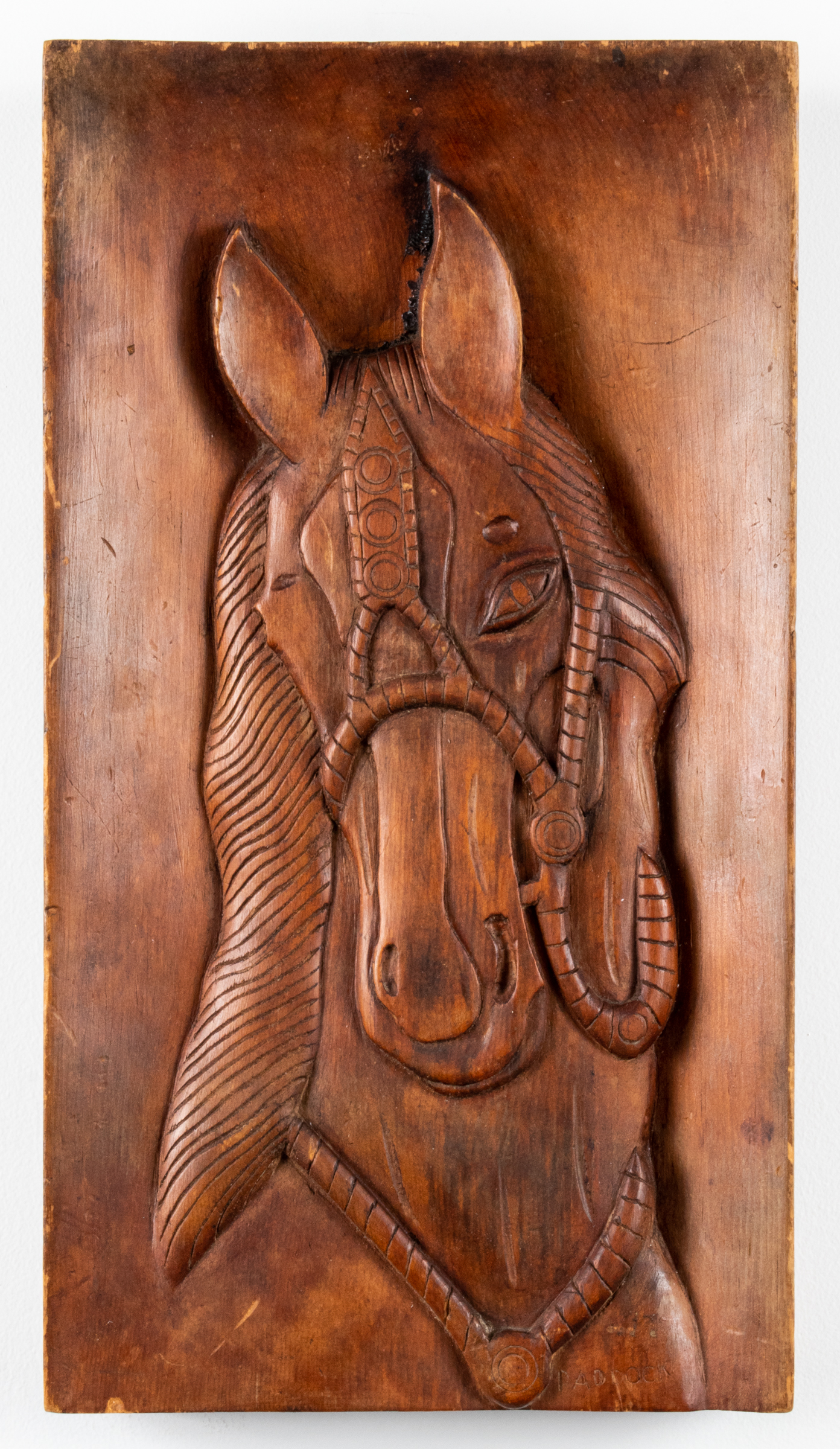 PADDOCK SIGNED HORSE CARVED WOOD 3c37f8