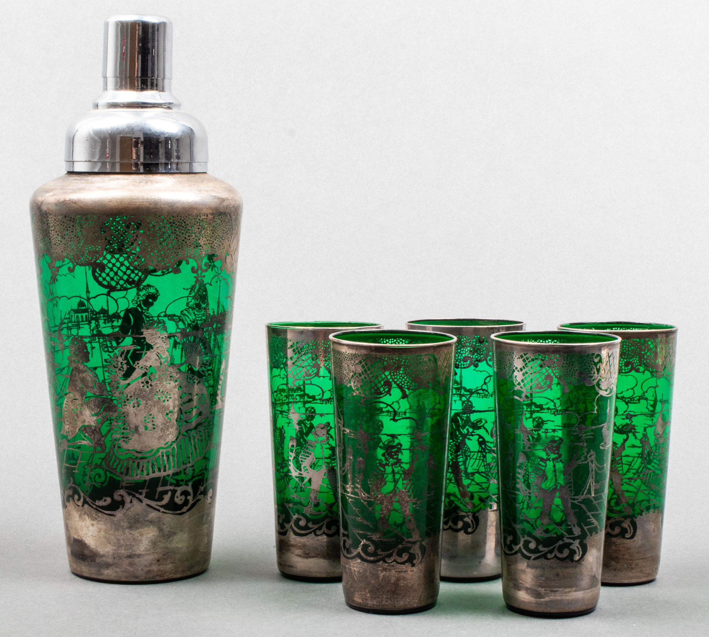 GREEN GLASS SILVER OVERLAY SHAKER &