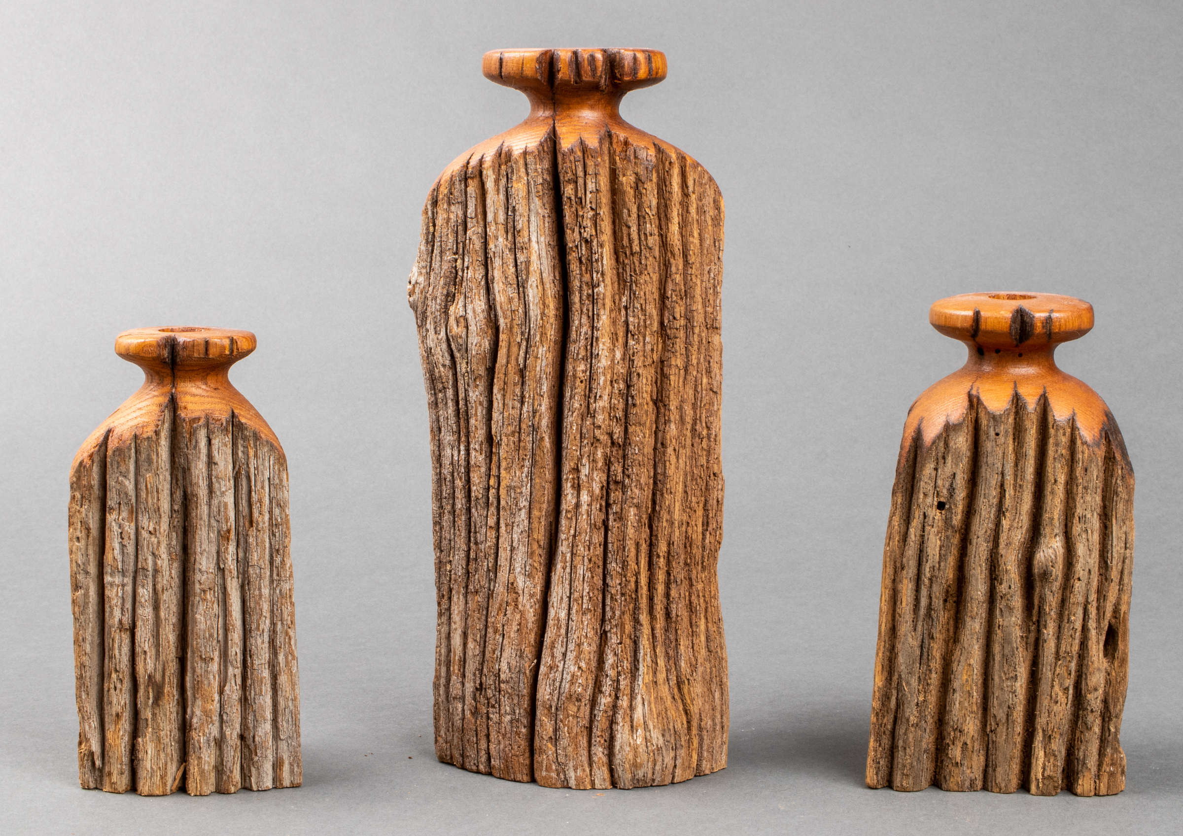 CARVED WOODEN TREE FORM BUD VASES  3c3bbd