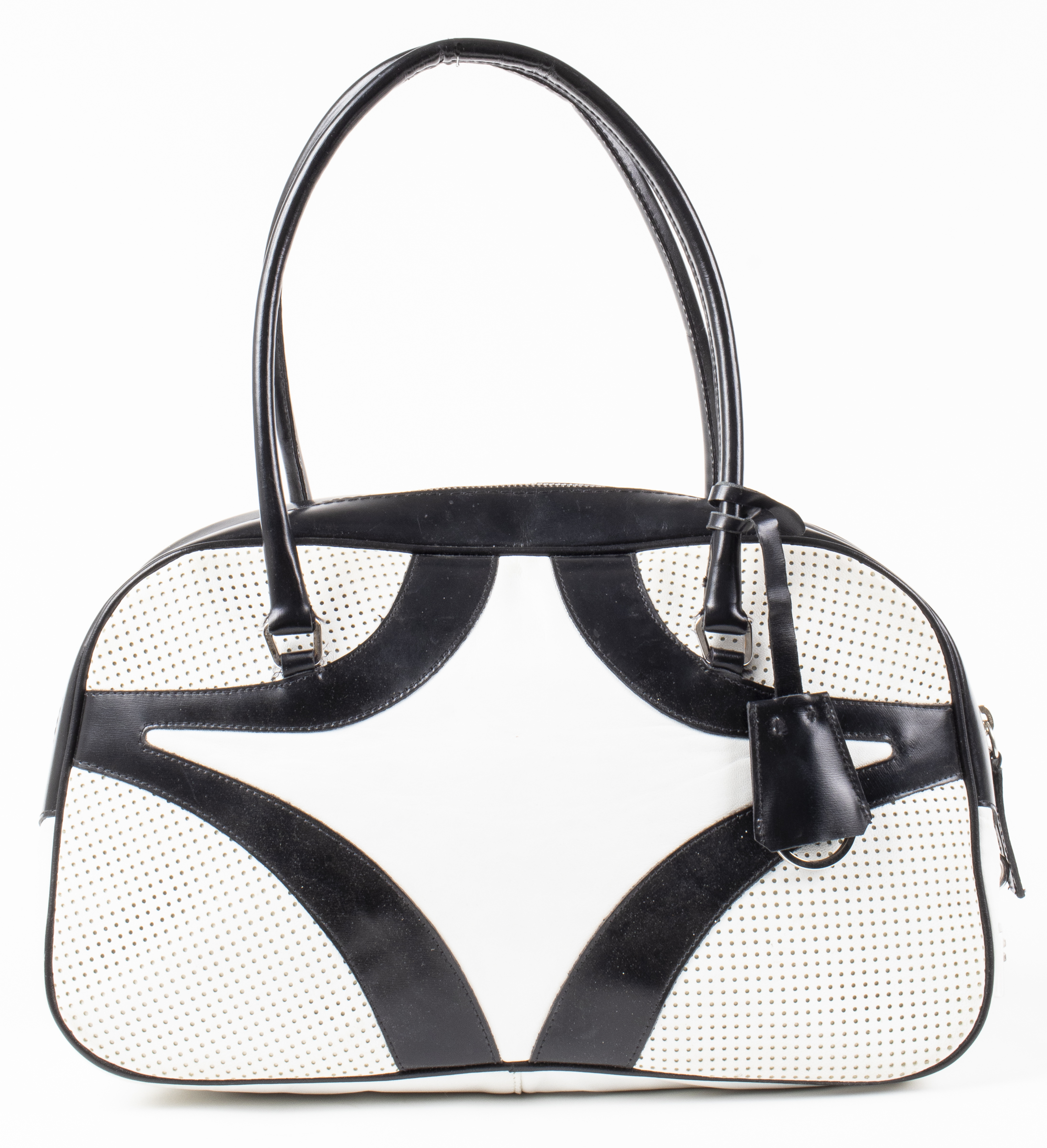 BLACK AND WHITE BOWLING STYLE HANDBAG