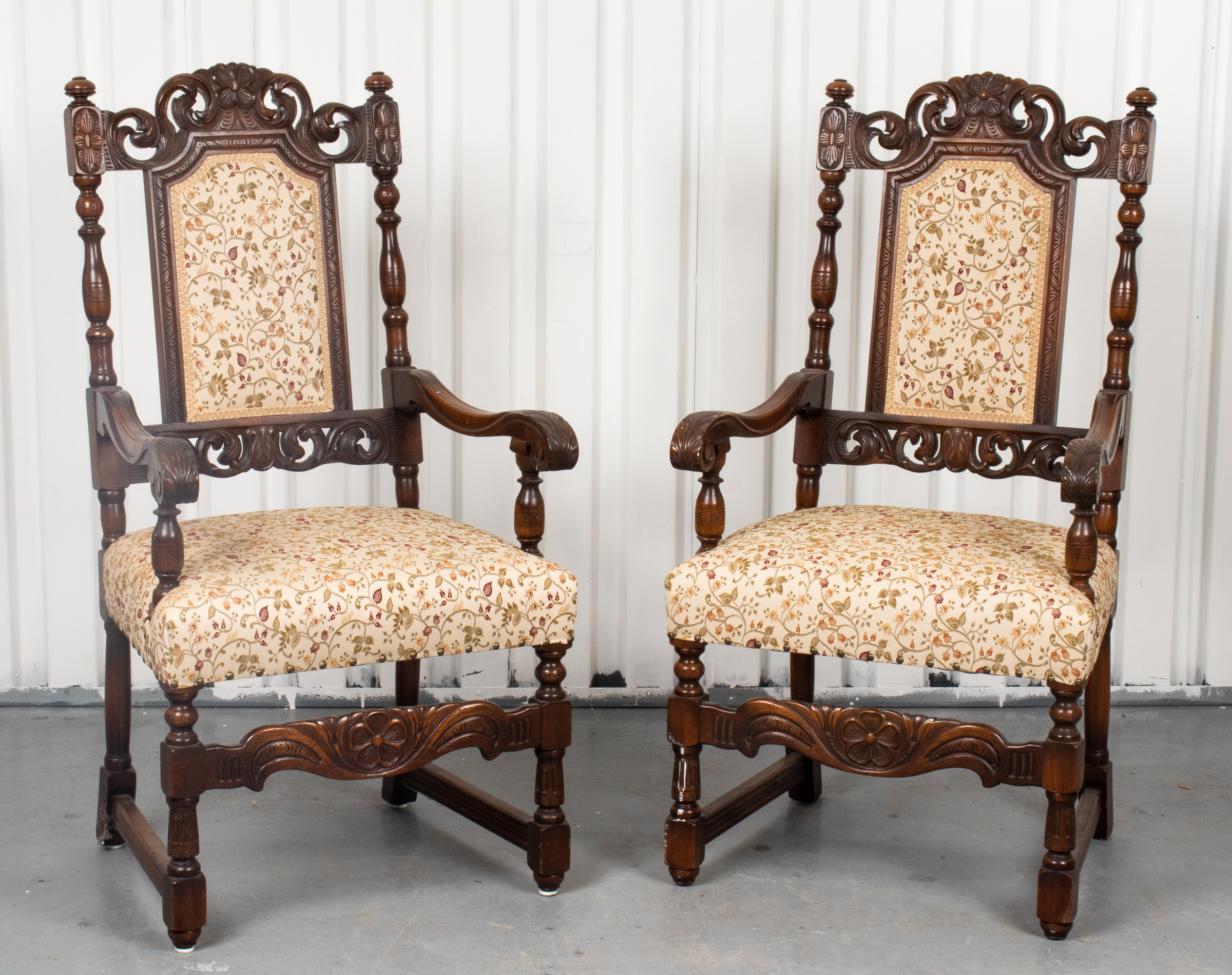 BAROQUE STYLE CARVED OAK ARMCHAIRS,