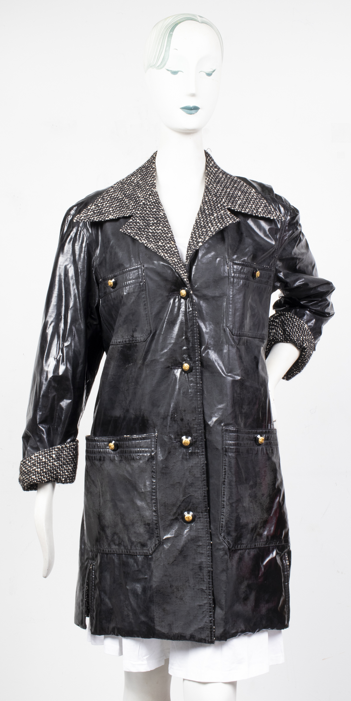 CHANEL BLACK TWEED TRIMMED RAINCOAT 3c40f7