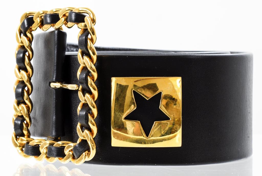 CHANEL BLACK LEATHER LOGO BELT 3c412c