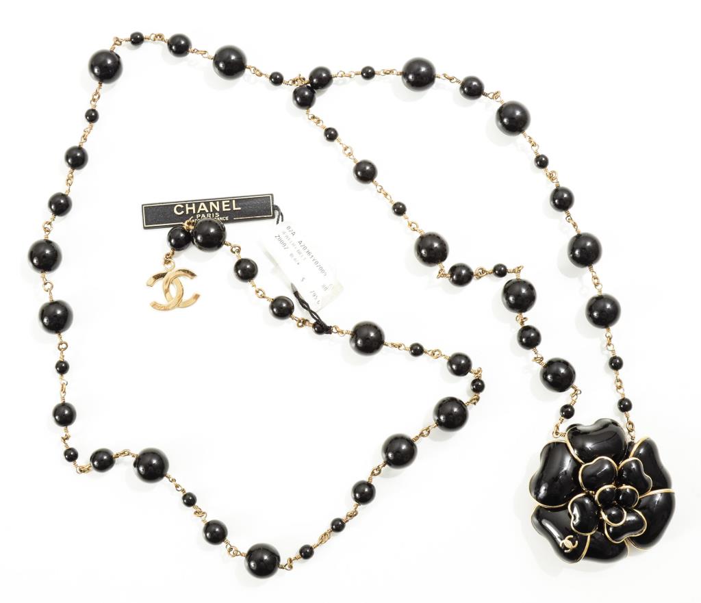CHANEL BLACK BEAD AND CAMELLIA