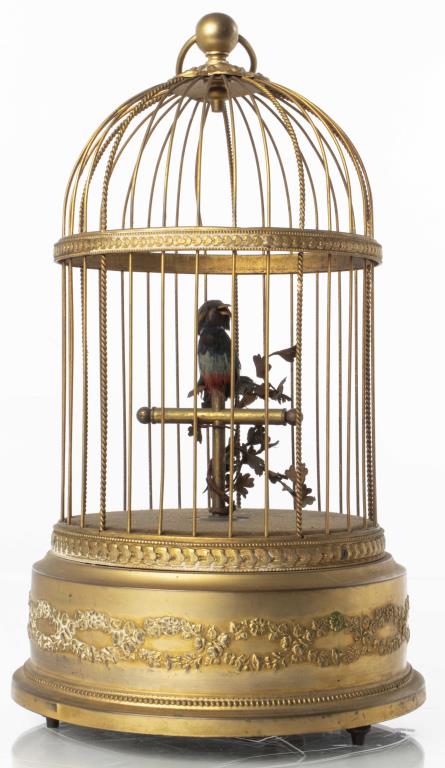 FRENCH SINGING BIRD IN GILT CAGE