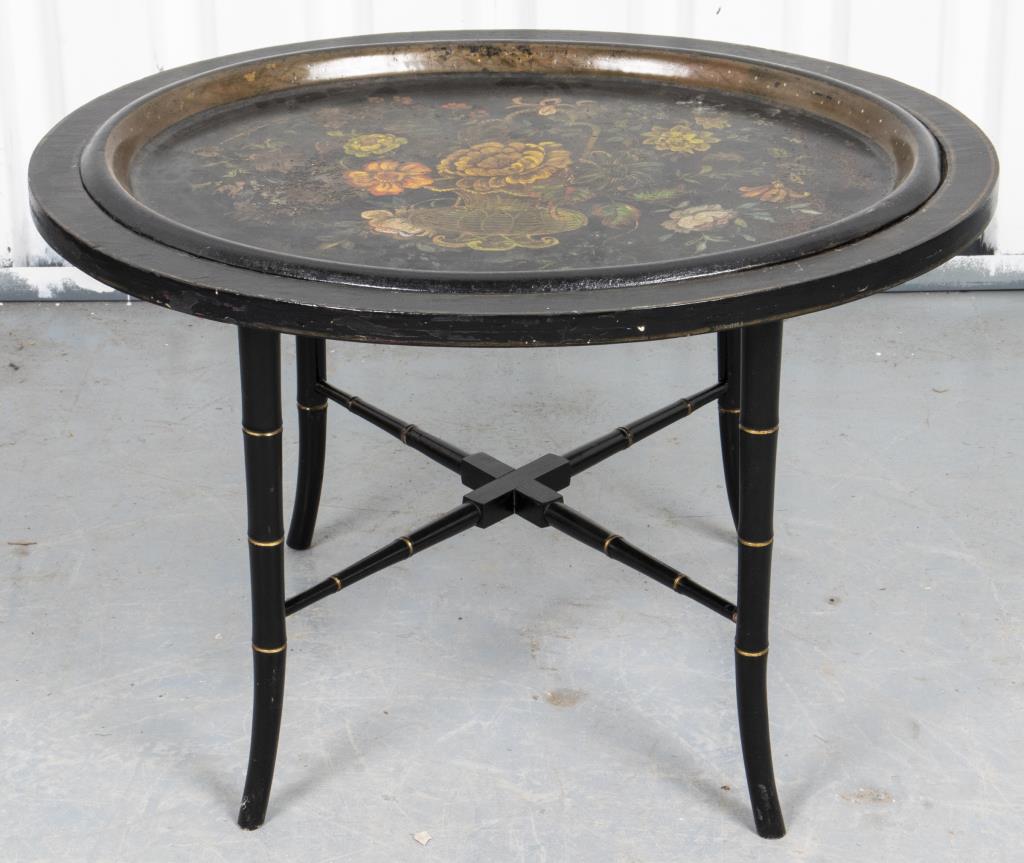 VICTORIAN FLORAL TOLEWARE TRAY ON STAND