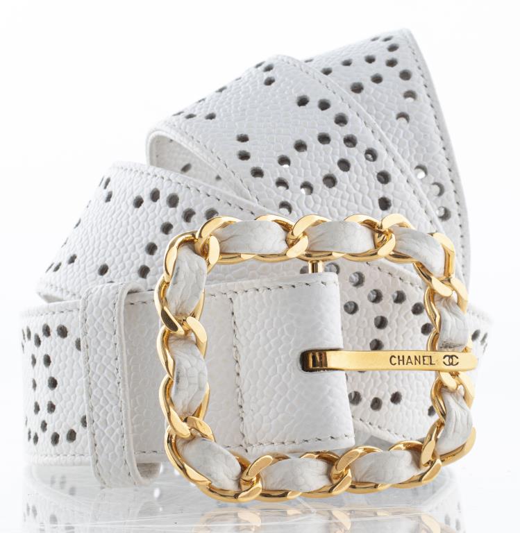 CHANEL WHITE PERFORATED LOGO BELT