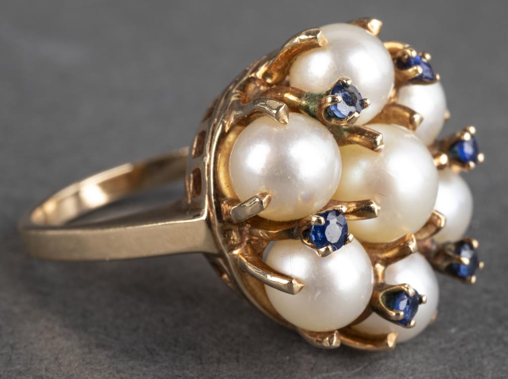 VINTAGE 14K YELLOW GOLD PEARL & SAPPHIRE