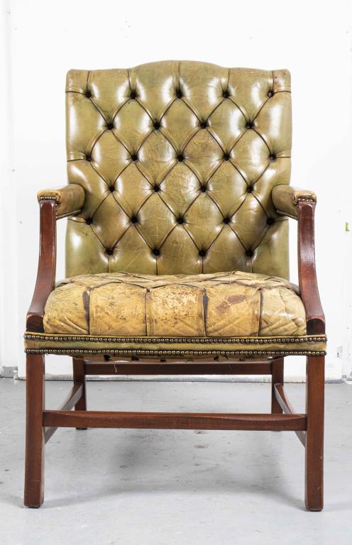 GEORGE III STYLE TUFTED GREEN LEATHER