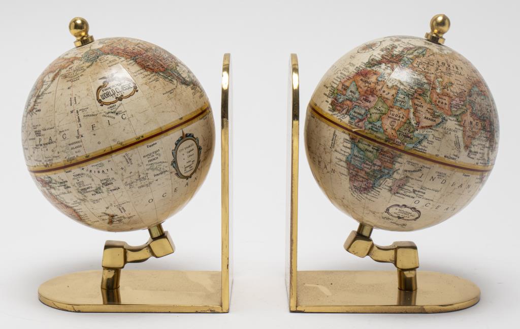 WORLD GLOBE ON ENGLISH BRASS BOOKENDS,