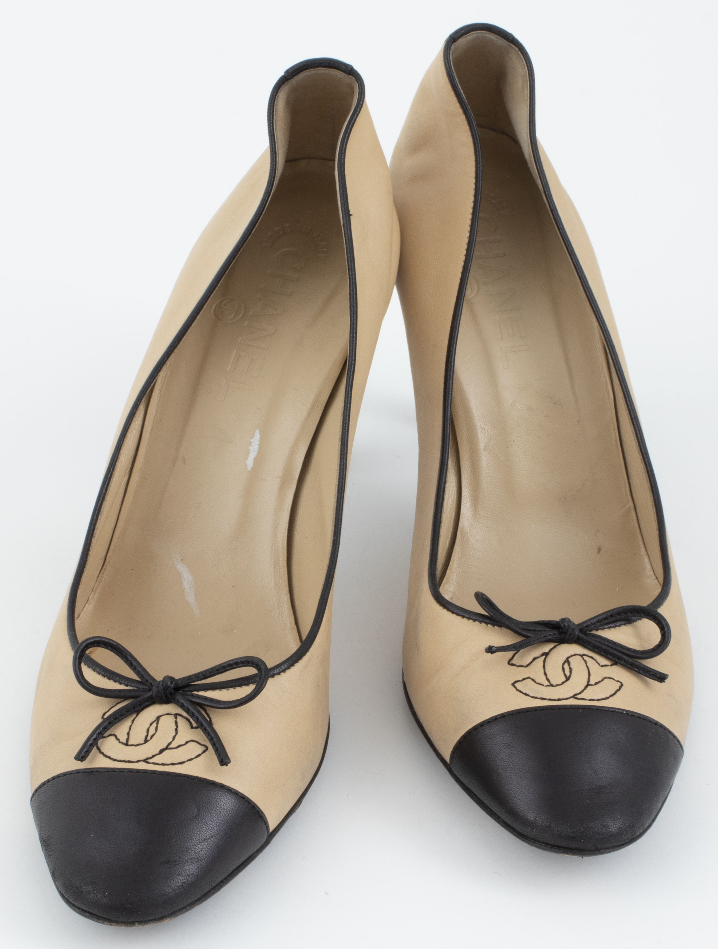 CHANEL BLACK AND TAN LEATHER SHOES,
