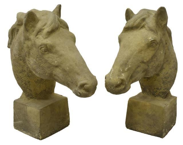  2 LARGE CAST STONE HORSE HEAD 3c2028