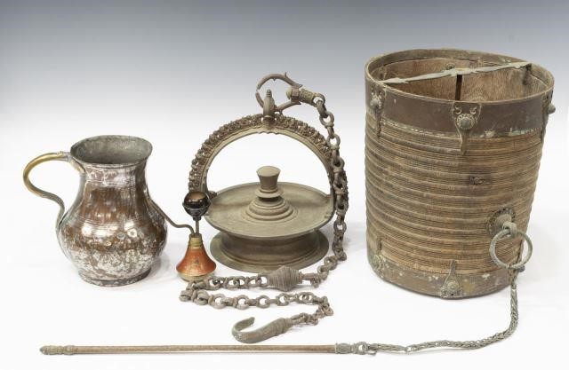 (4) INDIA HANGING LAMP & RICE BUCKET,