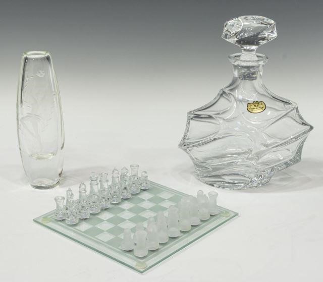 (3) GLASS CHESS SET, CRYSTAL DECANTER