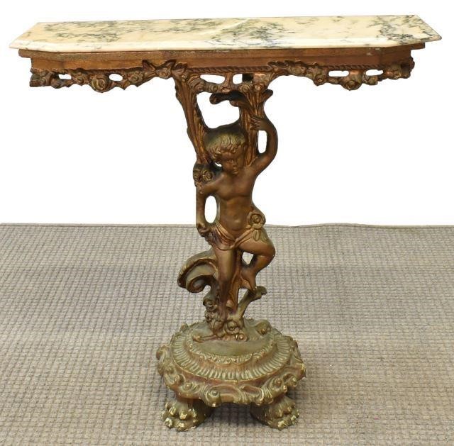 FRENCH MARBLE-TOP GILT CUPID CONSOLE