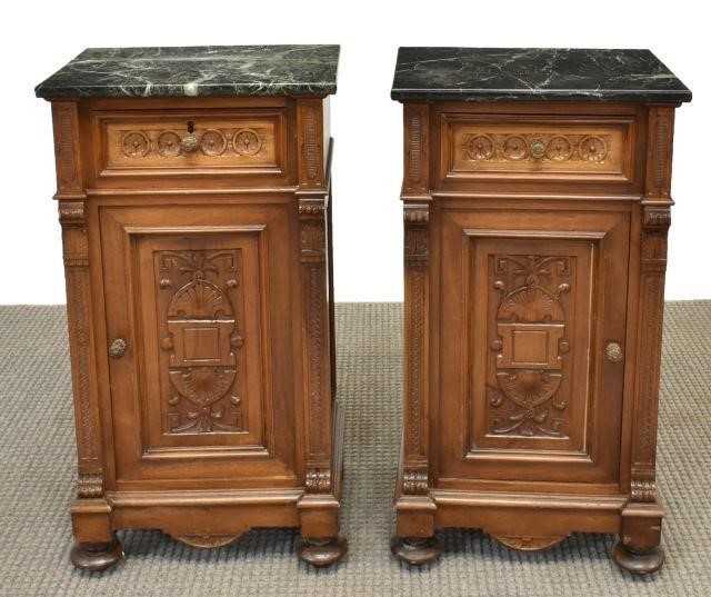 (2) ITALIAN MARBLE-TOP WALNUT BEDSIDE