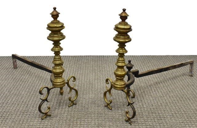  2 BRASS BEEHIVE SCROLLED ANDIRONS pair  3c230a