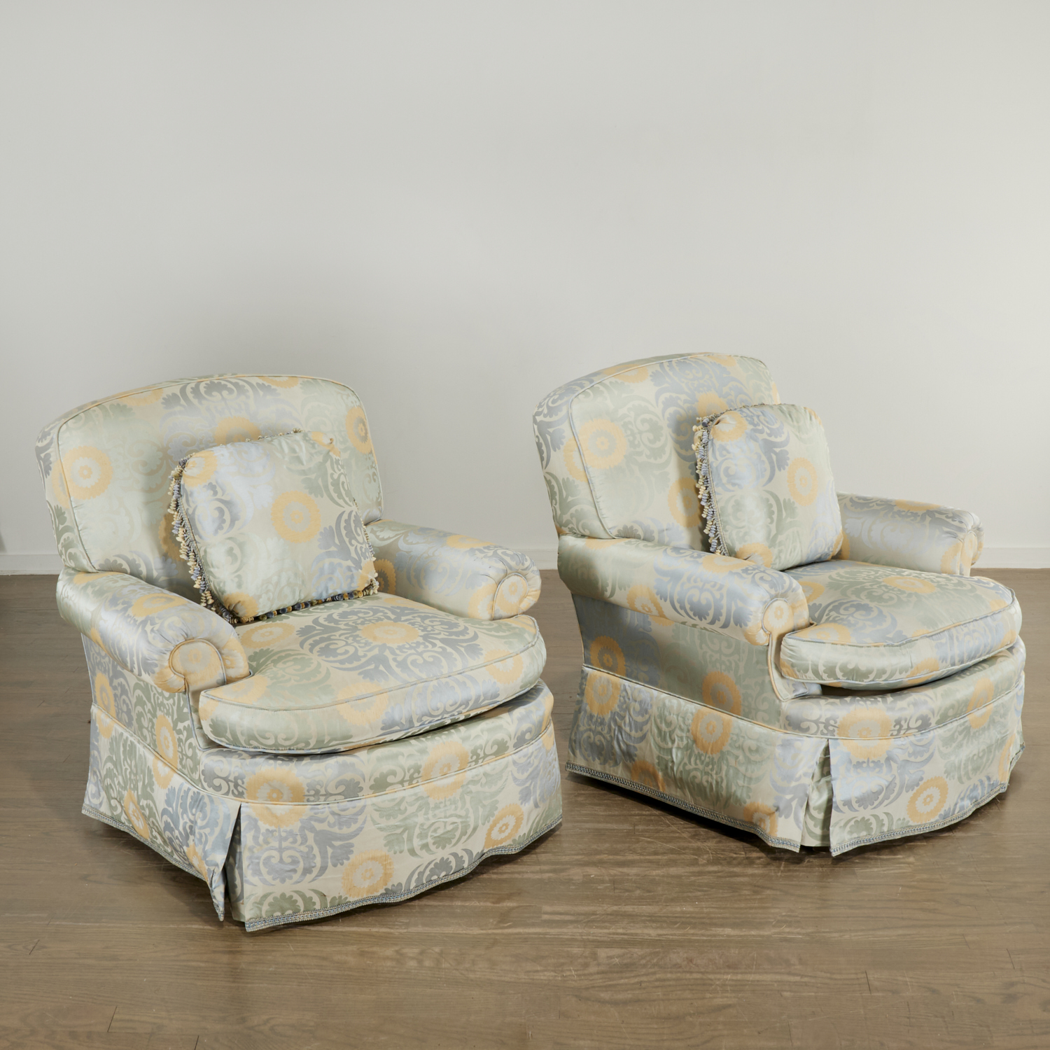 PAIR CUSTOM SILK DAMASK LOUNGE CHAIRS