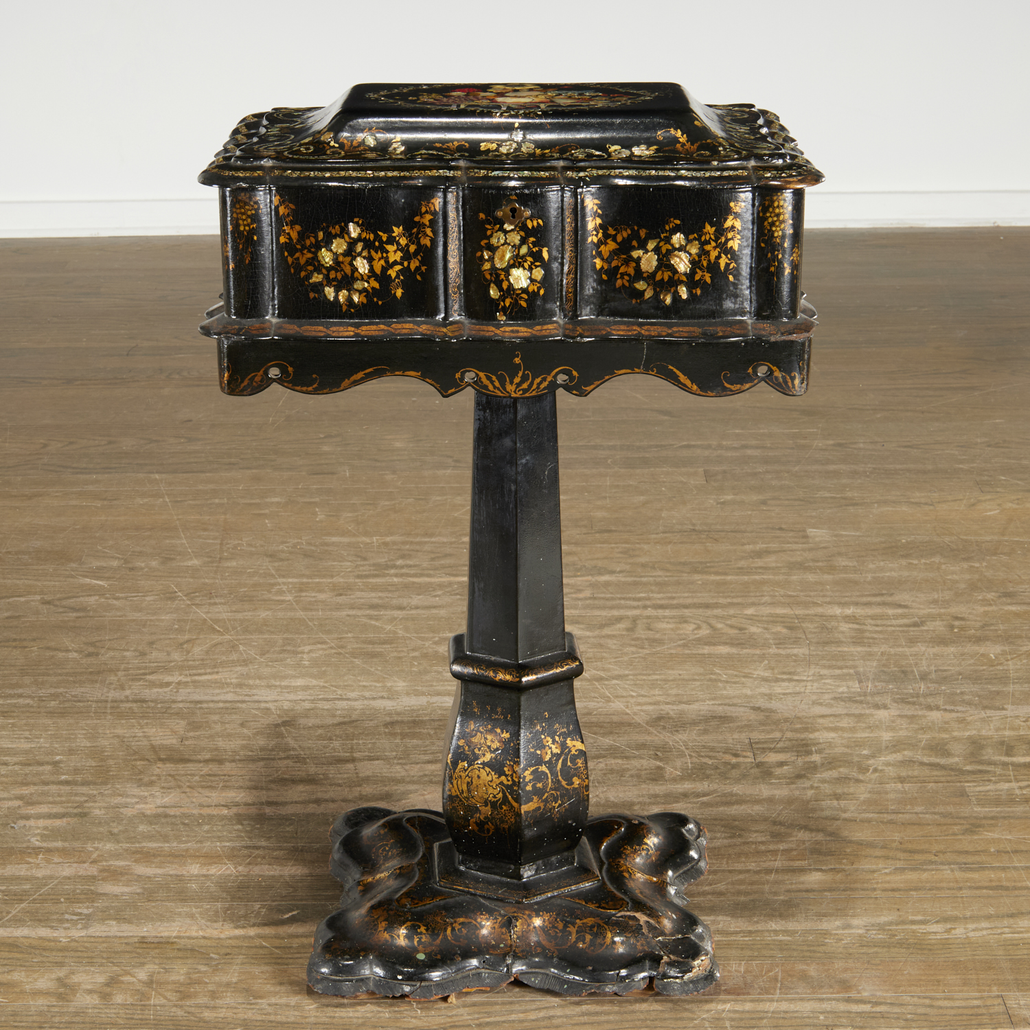 VICTORIAN PAPIER MACHE SEWING STAND,