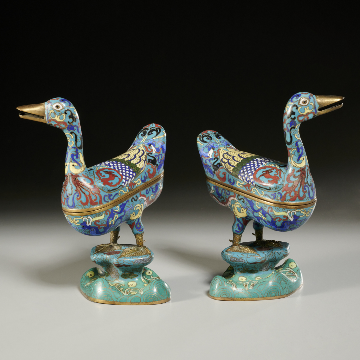 PAIR CHINESE CLOISONNE DUCK-FORM