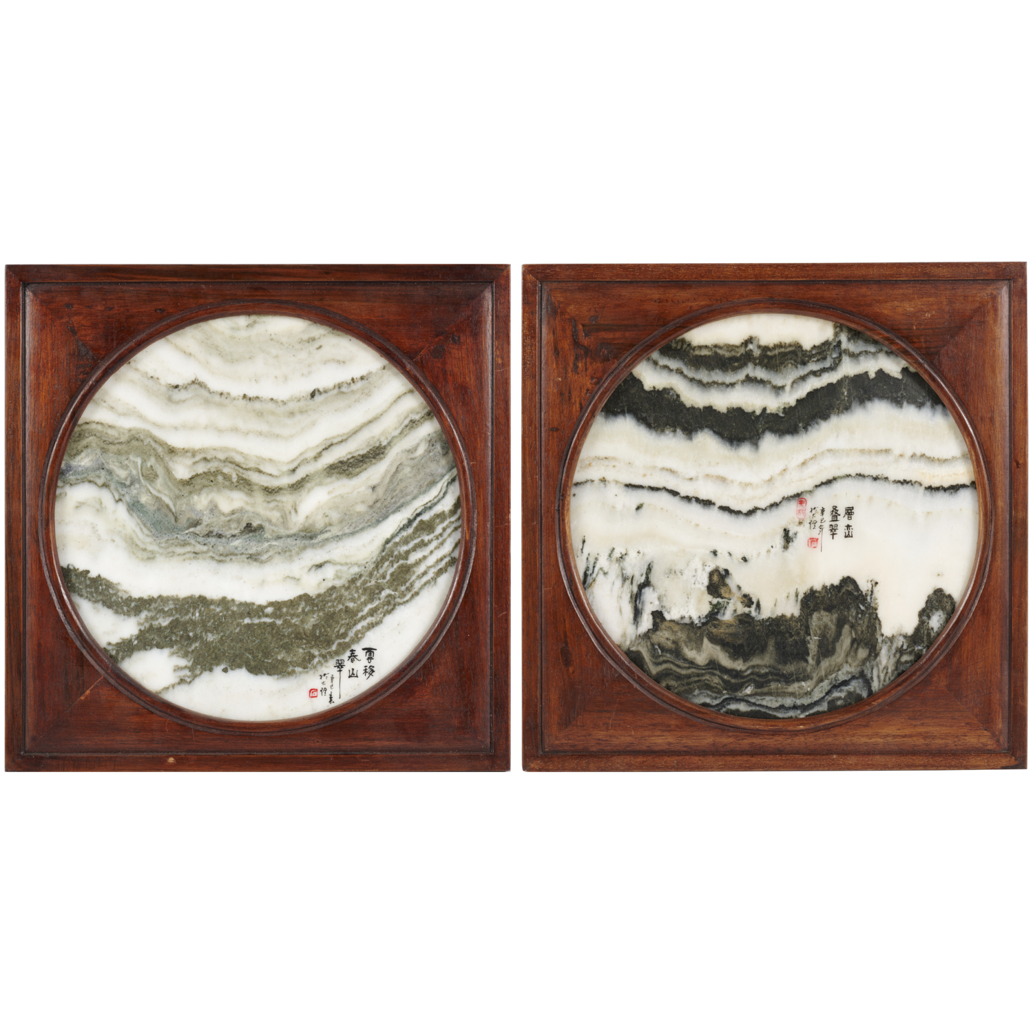 PAIR CHINESE FRAMED MARBLE DREAMSTONE 3c2739