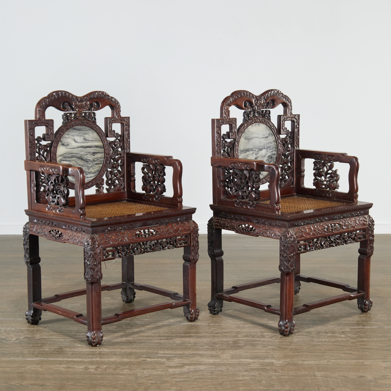 PAIR CHINESE MARBLE SET HARDWOOD 3c2781