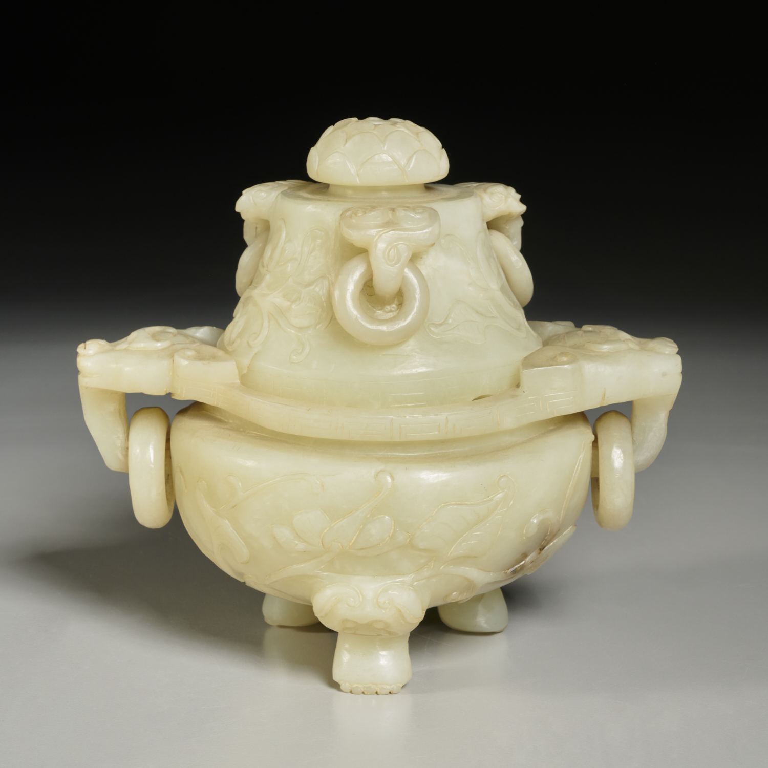 CHINESE CARVED CELADON JADE CENSER AND