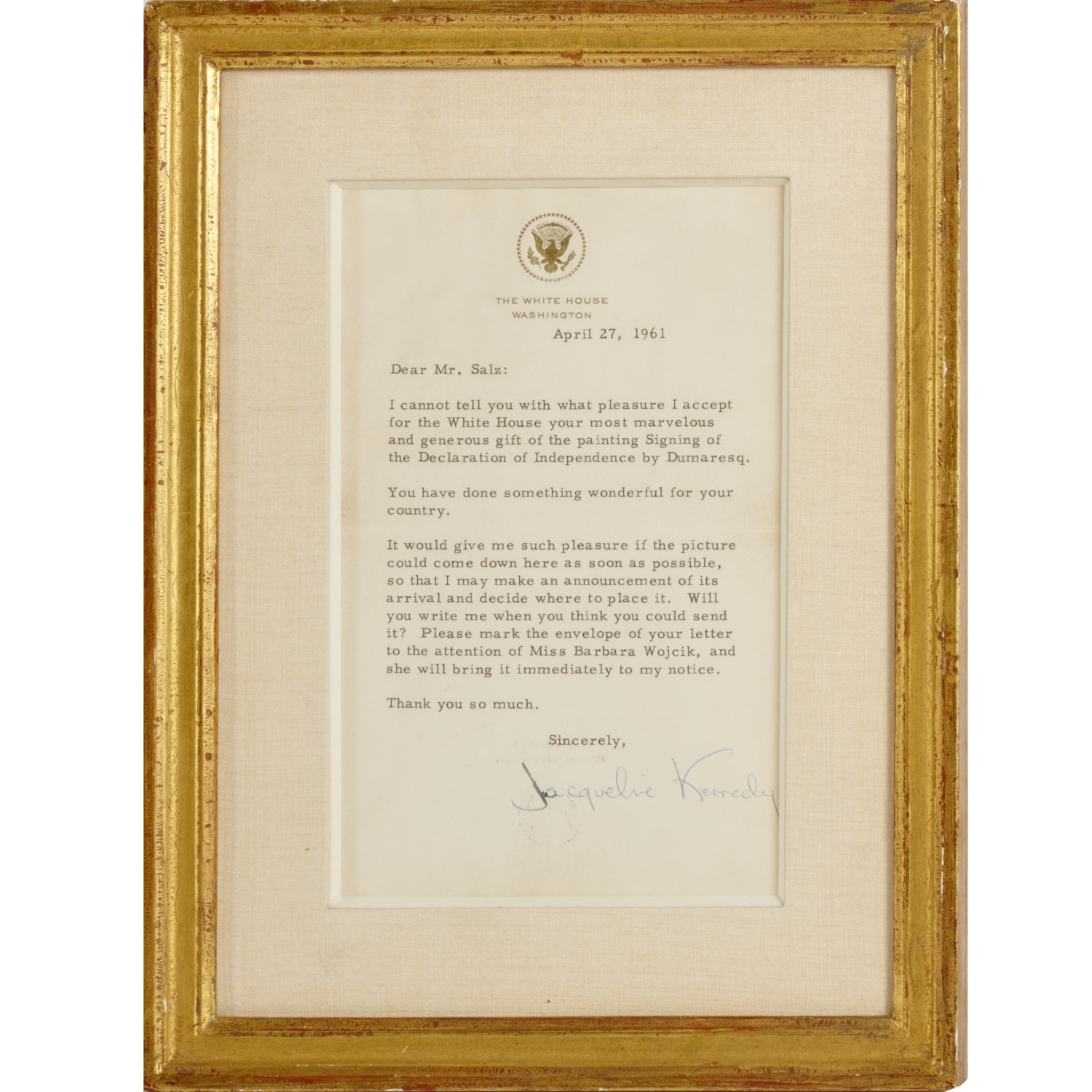 JACQUELINE KENNEDY TYPED LETTER  3c27e3