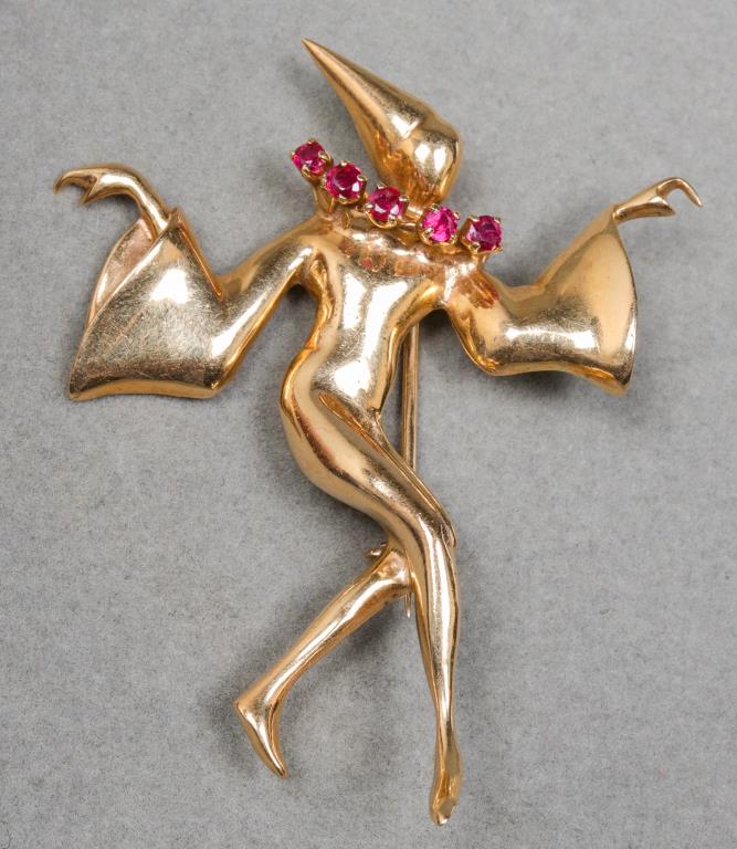 VINTAGE 14K YELLOW GOLD & RUBY JESTER