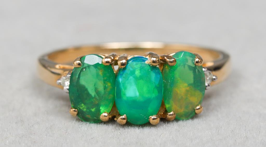 10K YELLOW GOLD, GREEN OPAL & DIAMOND