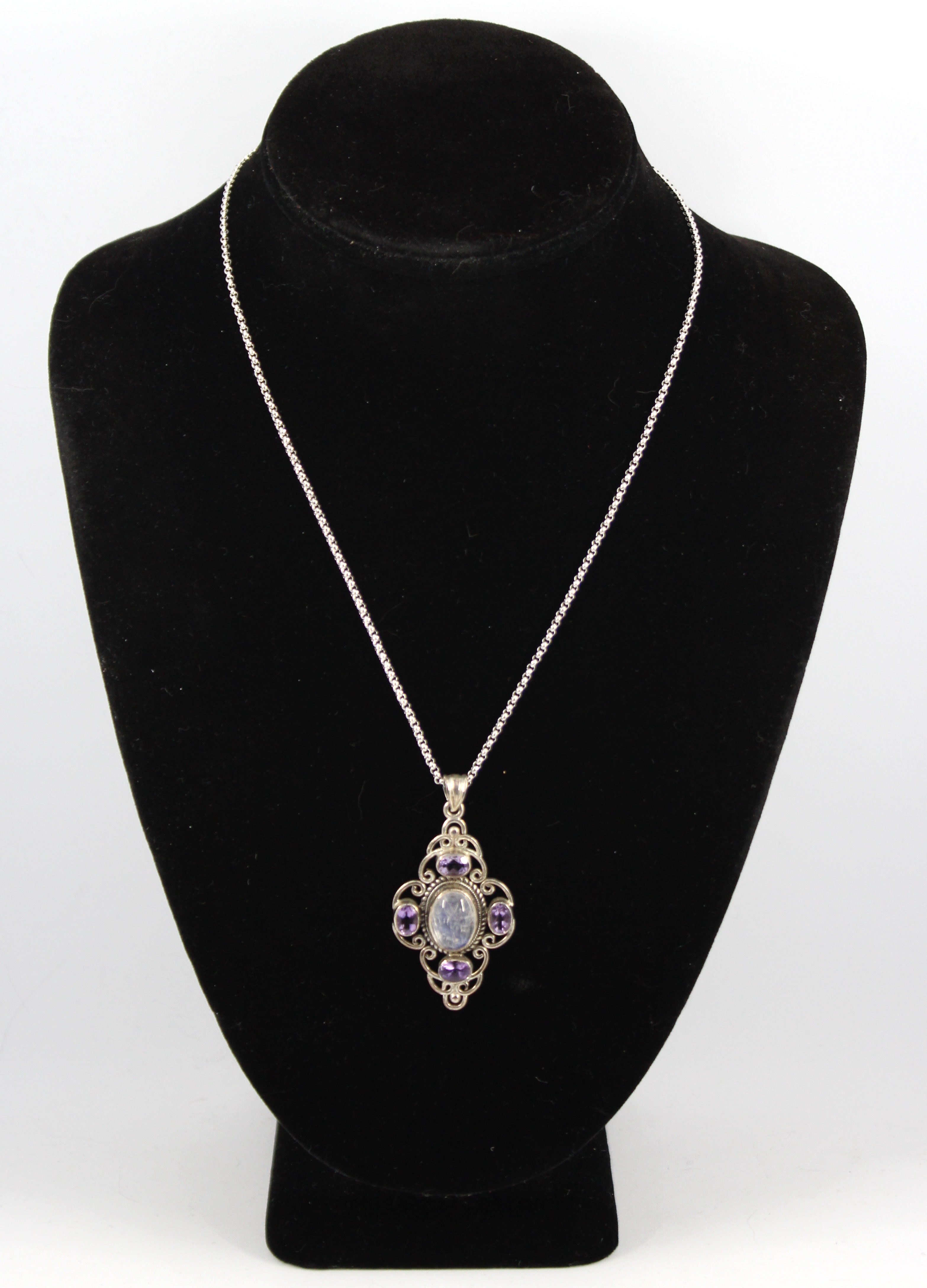 SILVER, MOONSTONE & AMETHYST PENDANT