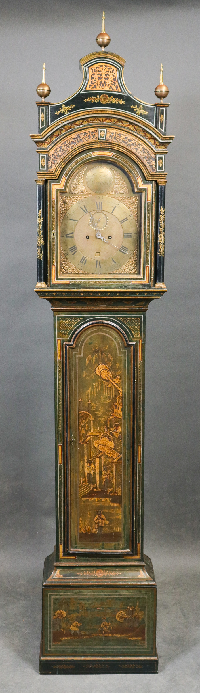 GEORGIAN GREEN JAPANNED TALL CASE CLOCK,