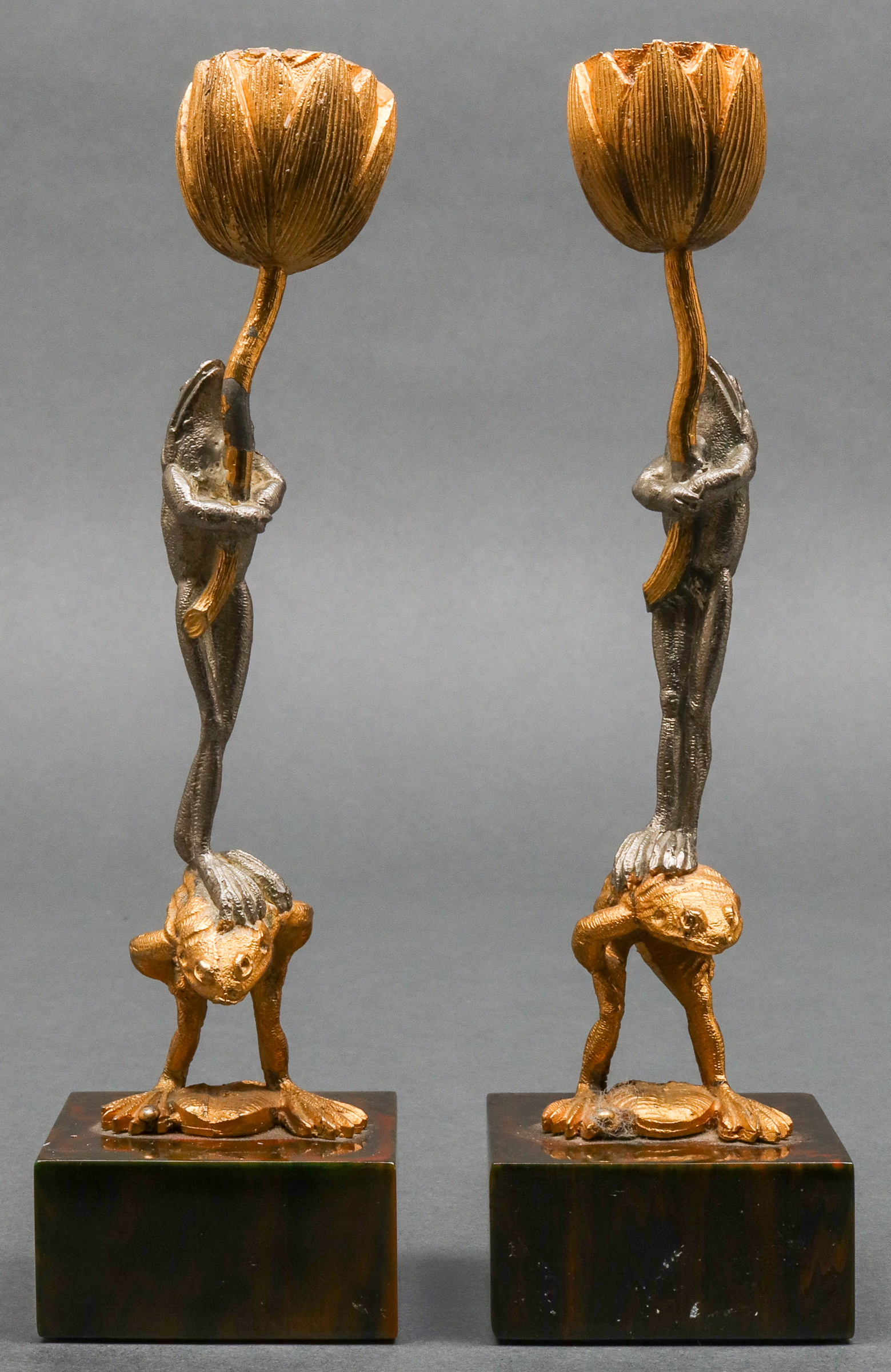 ART NOUVEAU FROG & LILY GILT METAL CANDLESTICKS