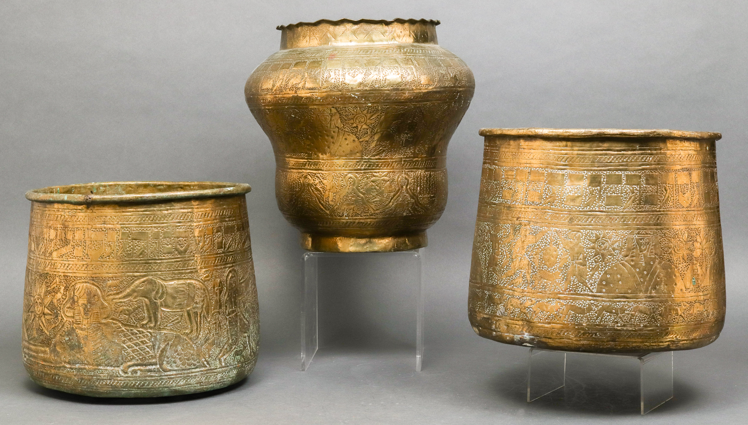 EGYPTIAN JUDAICA REVIVAL BRASS VESSELS,