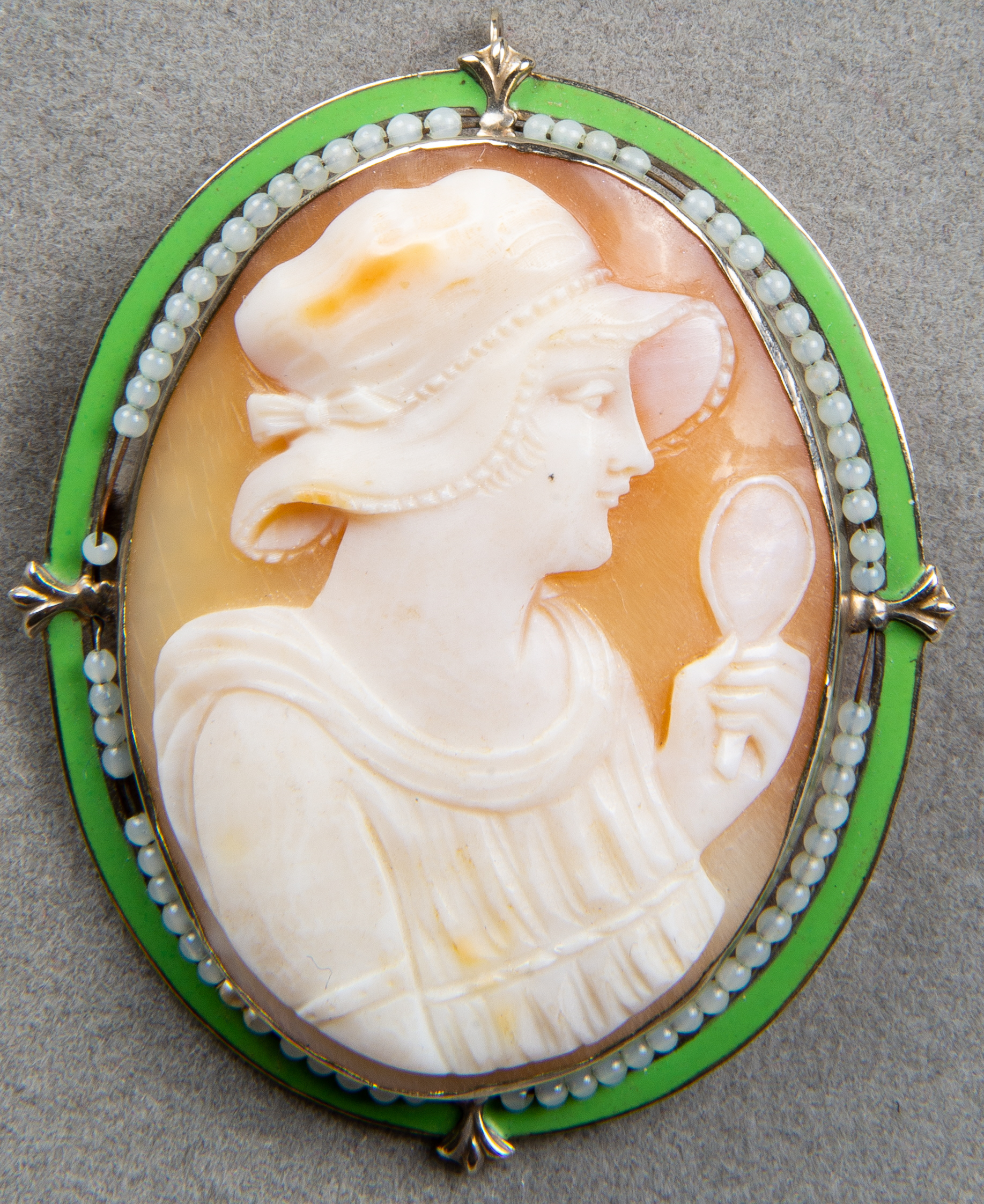 14K WHITE GOLD, ENAMEL, CAMEO & SEED