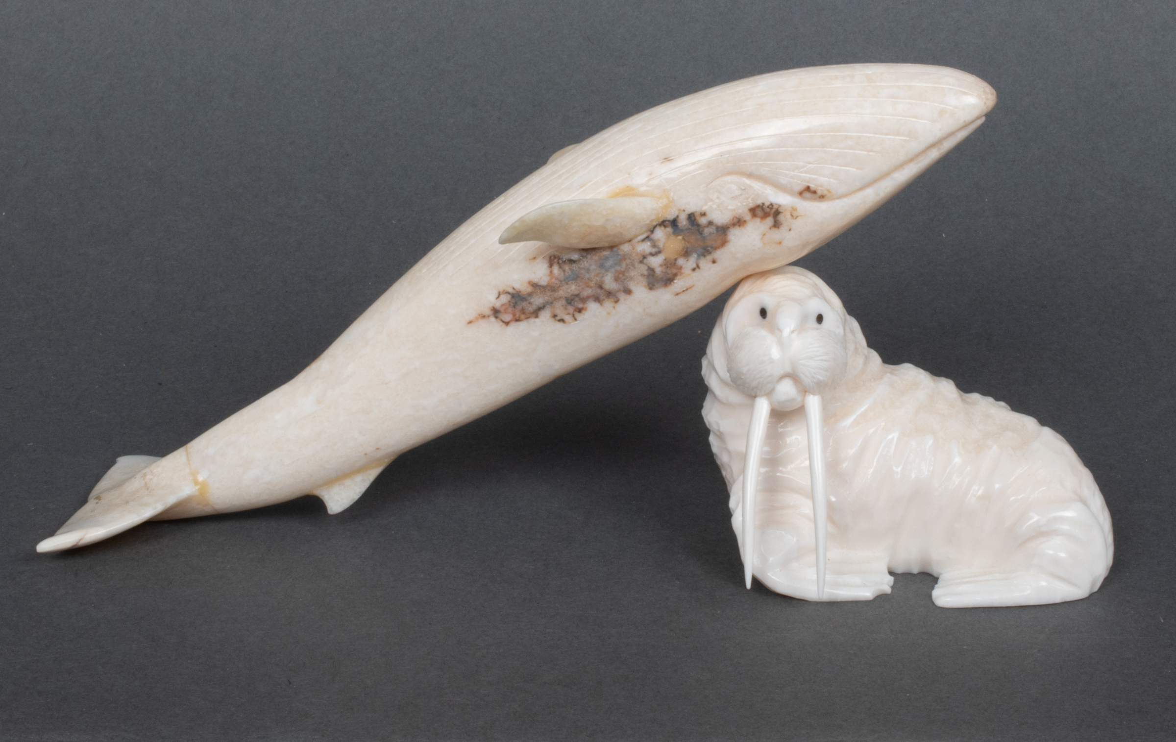 INUIT CARVED WALRUS & WHALE SCULPTURES,